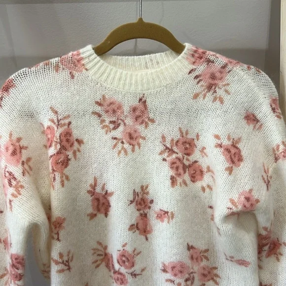 Sezane Cream Floral Knit Sweater with Pink Roses - Picture 3 of 6